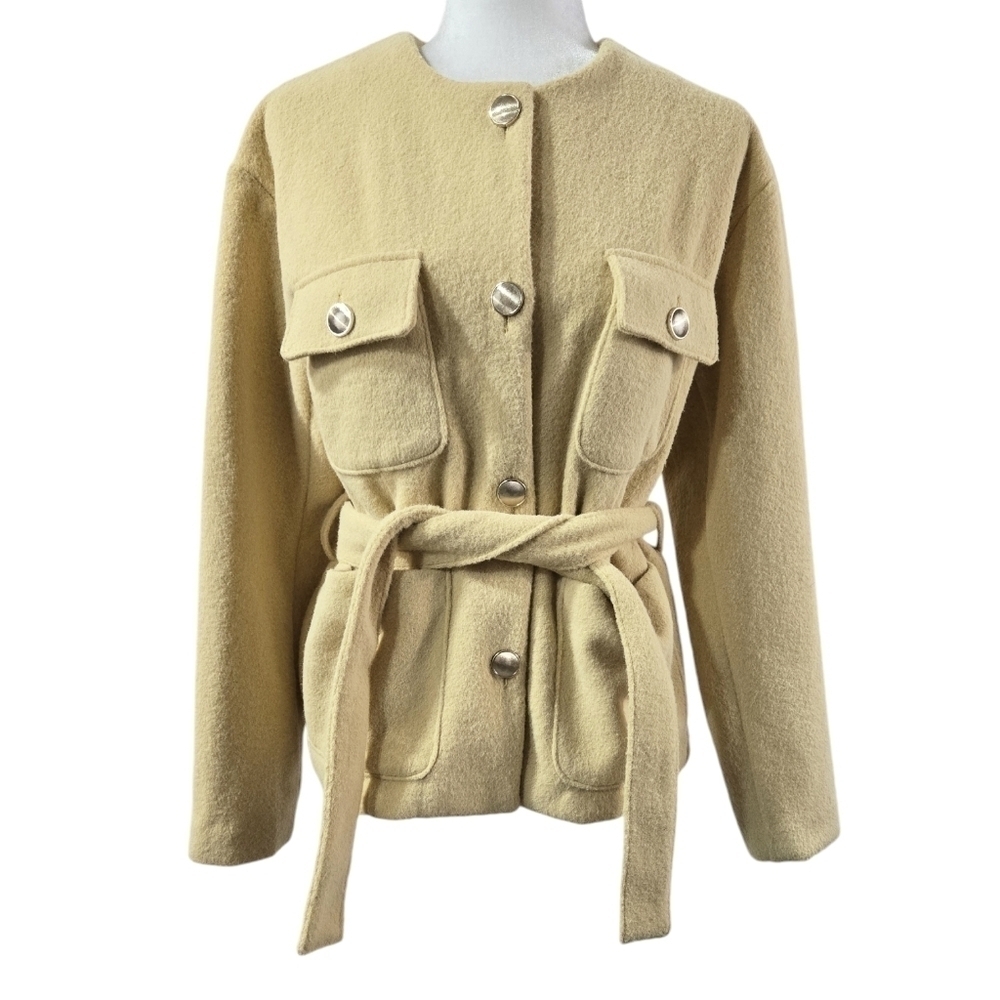 Joie Canary Yellow Collarless Belted Fuzzy Button-Up Jacket Pockets Whimsical